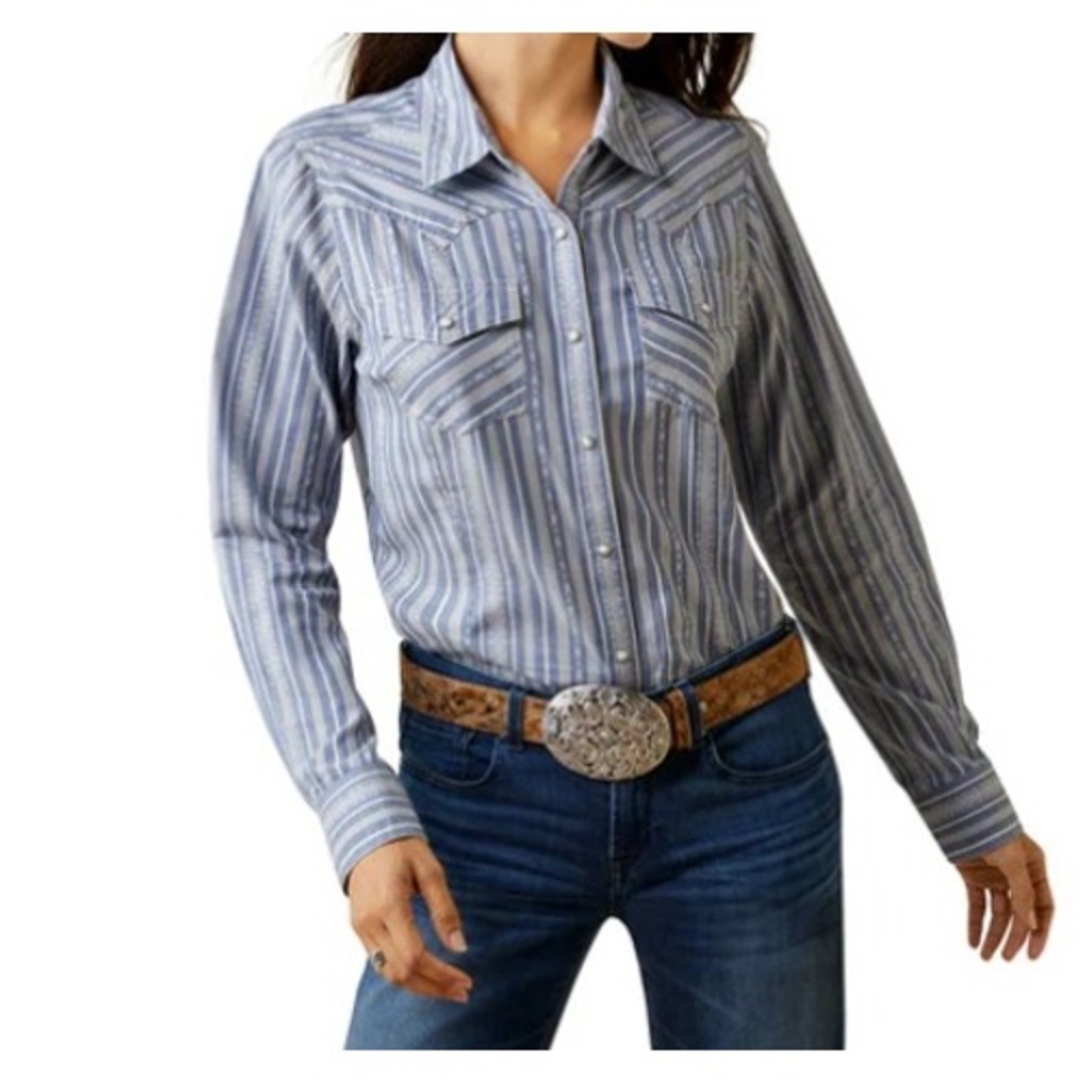 Ariat Real Windward Western Shirt Large Blue White Striped Snap Front 10044874